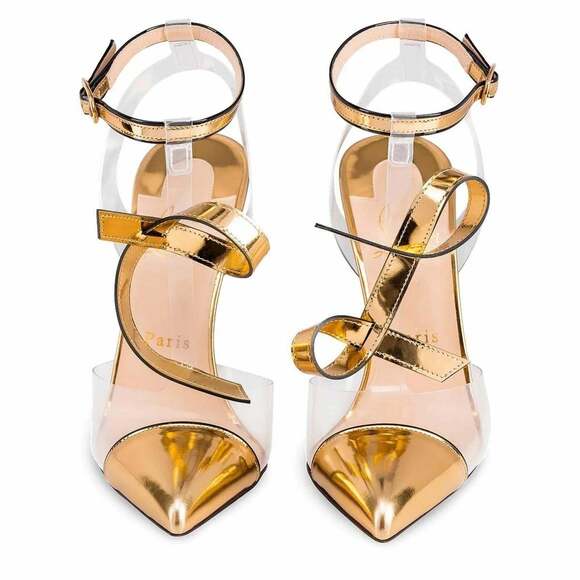 Christian Louboutin Alta Firma 100 Gold PVC T Strap Ankle Heel Sandal Pump 35 - Picture 7 of 12